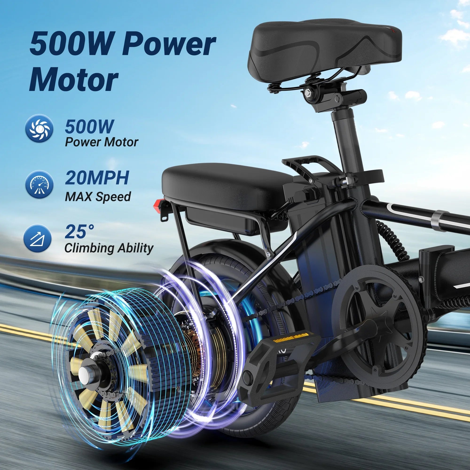 Black Foldable Ebike 500W 48V 10.4AH Electric Bicycle 22MPH Max Speed 28Miles Long Range with Two Seats for Adult