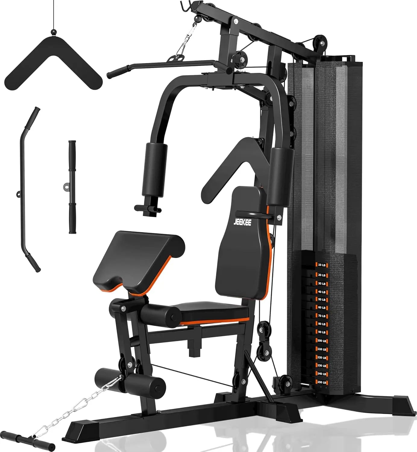 JEEKEE All in One Home Gym with 150LB Weight Stack, Multifunctional Home Gym Equipment for Full Body Workout, Space Saving Workout Machine with Chest Press, LAT Pulldown, Leg Extension