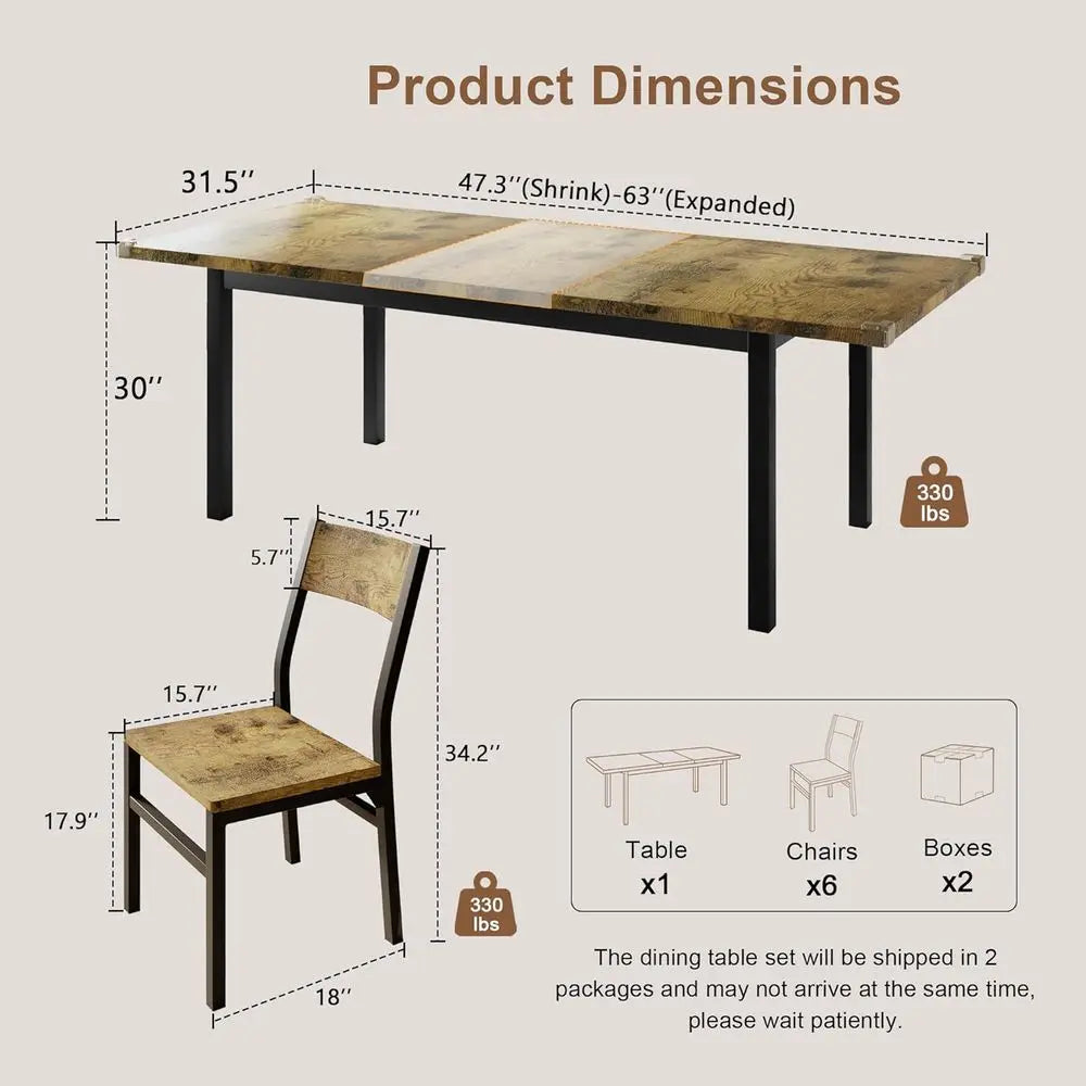 Rustic Brown 7-Piece Dining Set with 63 Extendable Table and 6 Chairs for Kitchen or Dining Room