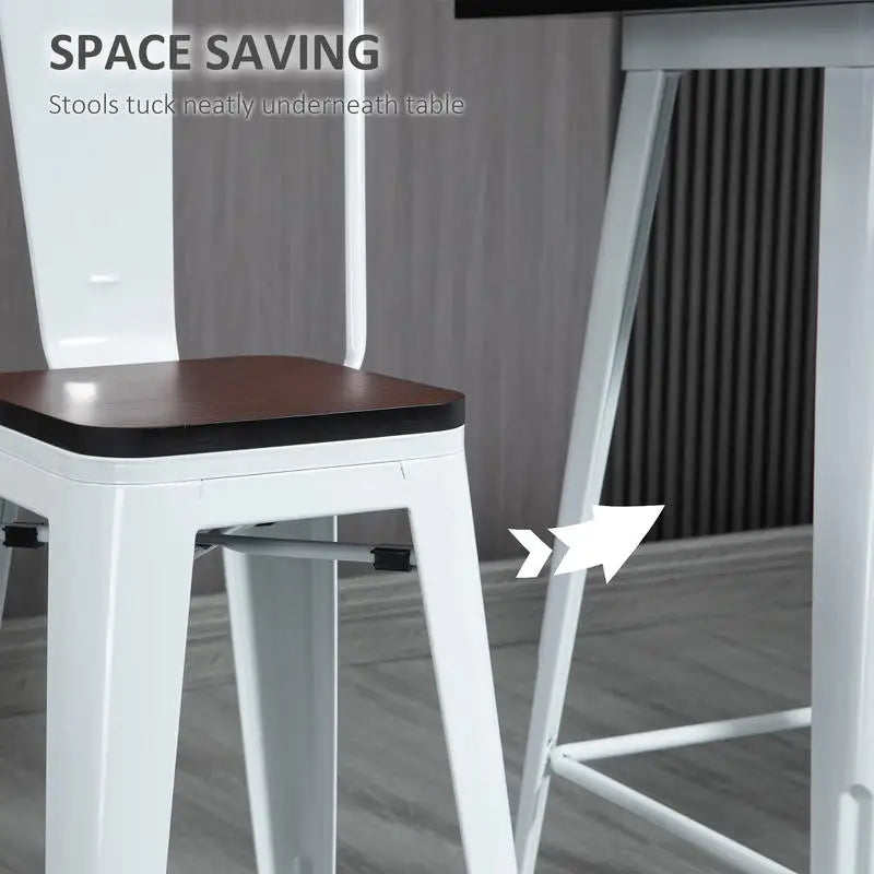 3 Piece Industrial Dining Table Set, Bar Height Bar Table and Chairs Set with Footrests for Bistro, Pub, White and Brown
