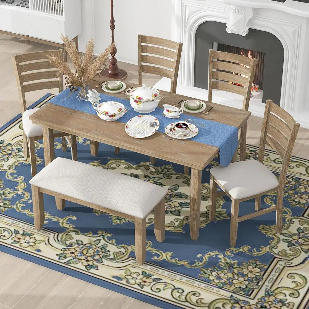 Rustic 6-Piece Wooden Dining Set with Table and 4 Chairs Including Bench (Natural)