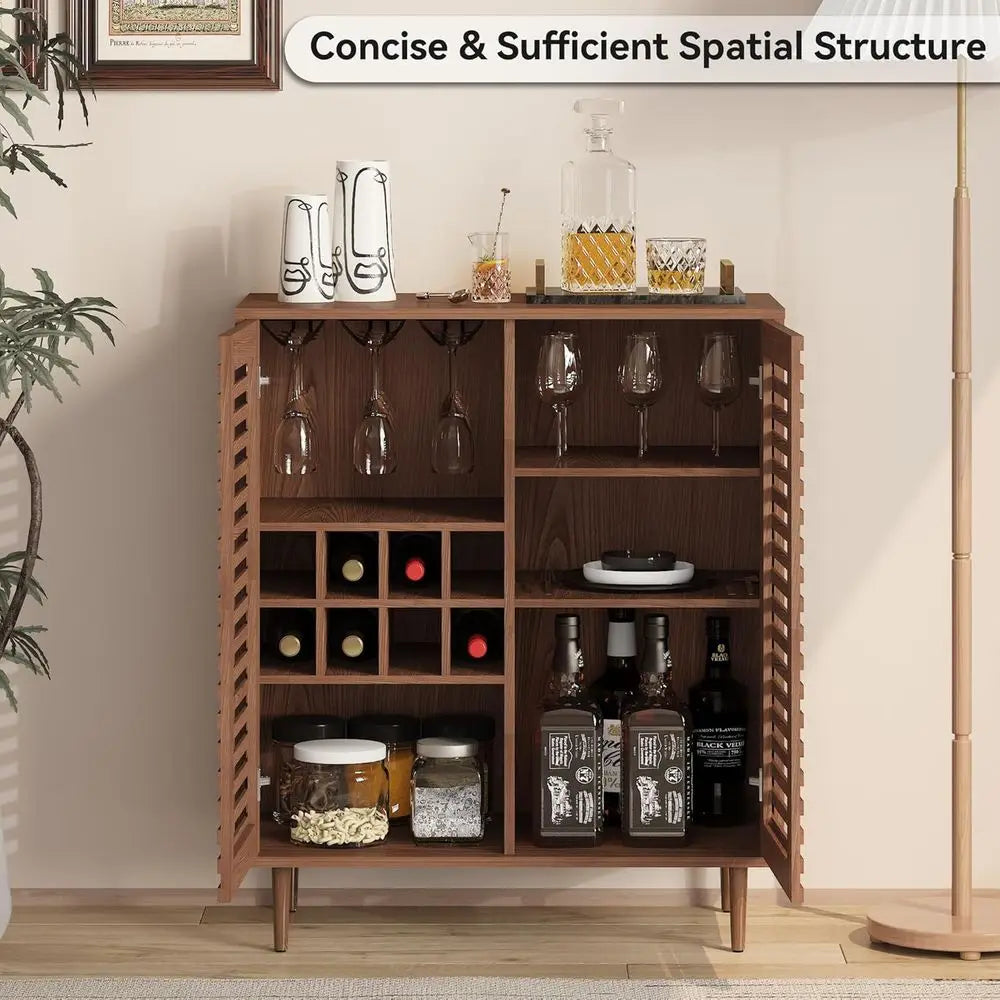 Walnut-Toned Bar Cabinet with Wine Racks for Dining and Living Spaces