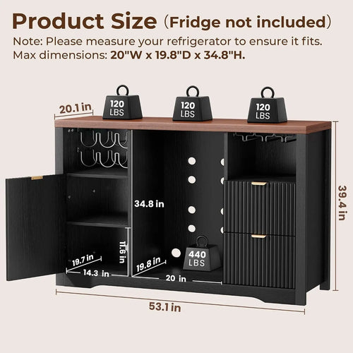 53 Inch Coffee Bar Sideboard with Built-in Fridge Nook, Fluted Wood Liquor Storage Cabinet Equipped with Wine Rack & Storage Drawer, Freestanding Buffet Cabinet for Household Living Space, Dimensions 20D x 53.1W x 39.4H Black