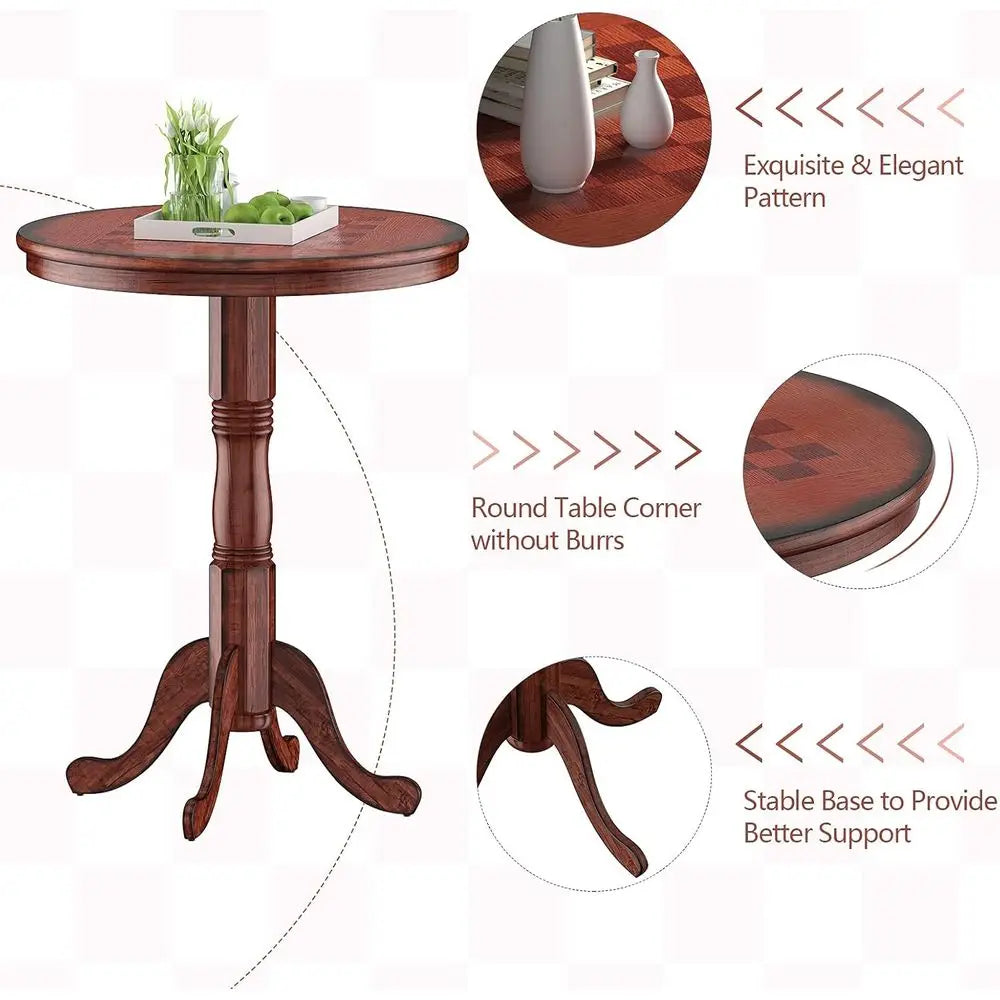 3 Pcs Dining Table Set, Wooden Pub Pedestal Side Table with Stable Base, 360 Degrees Swivel Bar Stool, Round Bar Table and Stool