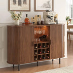 55 Walnut Modern Wine & Liquor Cabinet with LED Lighting, Storage, and Charging Station