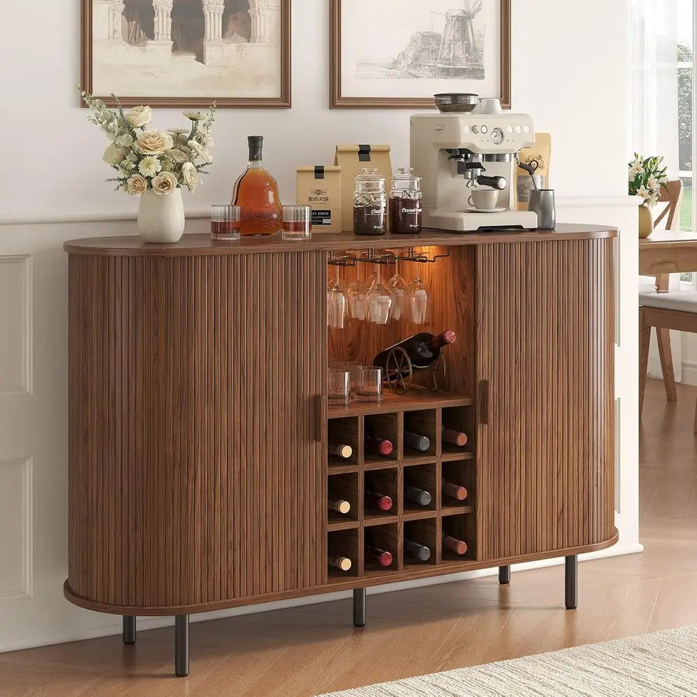 55 Walnut Modern Wine & Liquor Cabinet with LED Lighting, Storage, and Charging Station