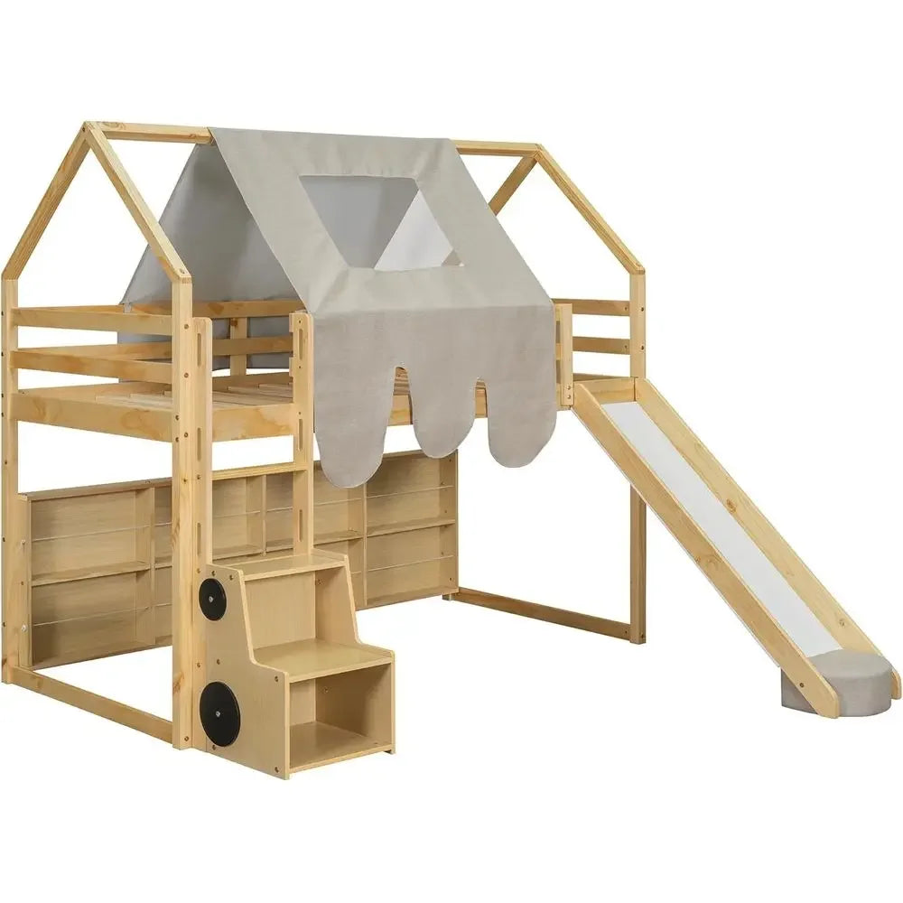 Twin Bed with Slide, Wooden House-Themed Play Loft, Ladder, Shelves, and Tent, Natural