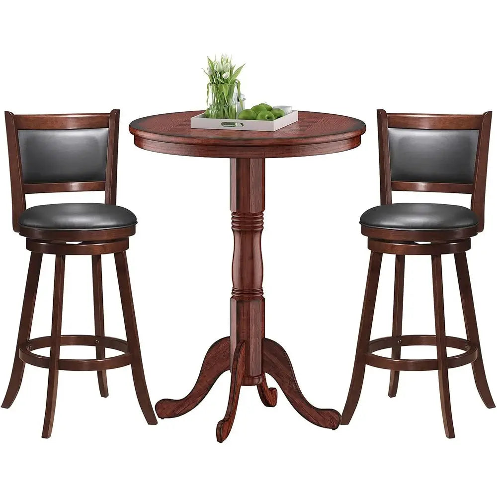 3 Pcs Dining Table Set, Wooden Pub Pedestal Side Table with Stable Base, 360 Degrees Swivel Bar Stool, Round Bar Table and Stool