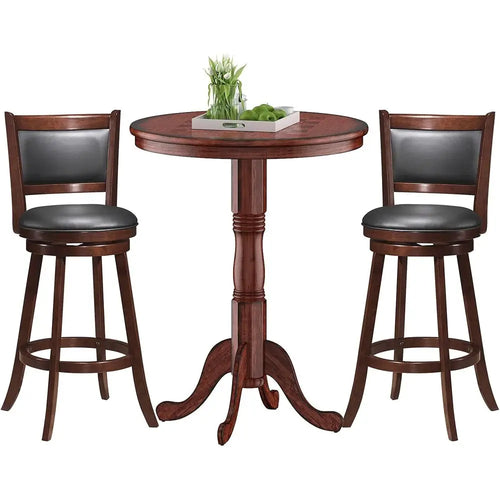 3 Pcs Dining Table Set, Wooden Pub Pedestal Side Table with Stable Base, 360 Degrees Swivel Bar Stool, Round Bar Table and Stool