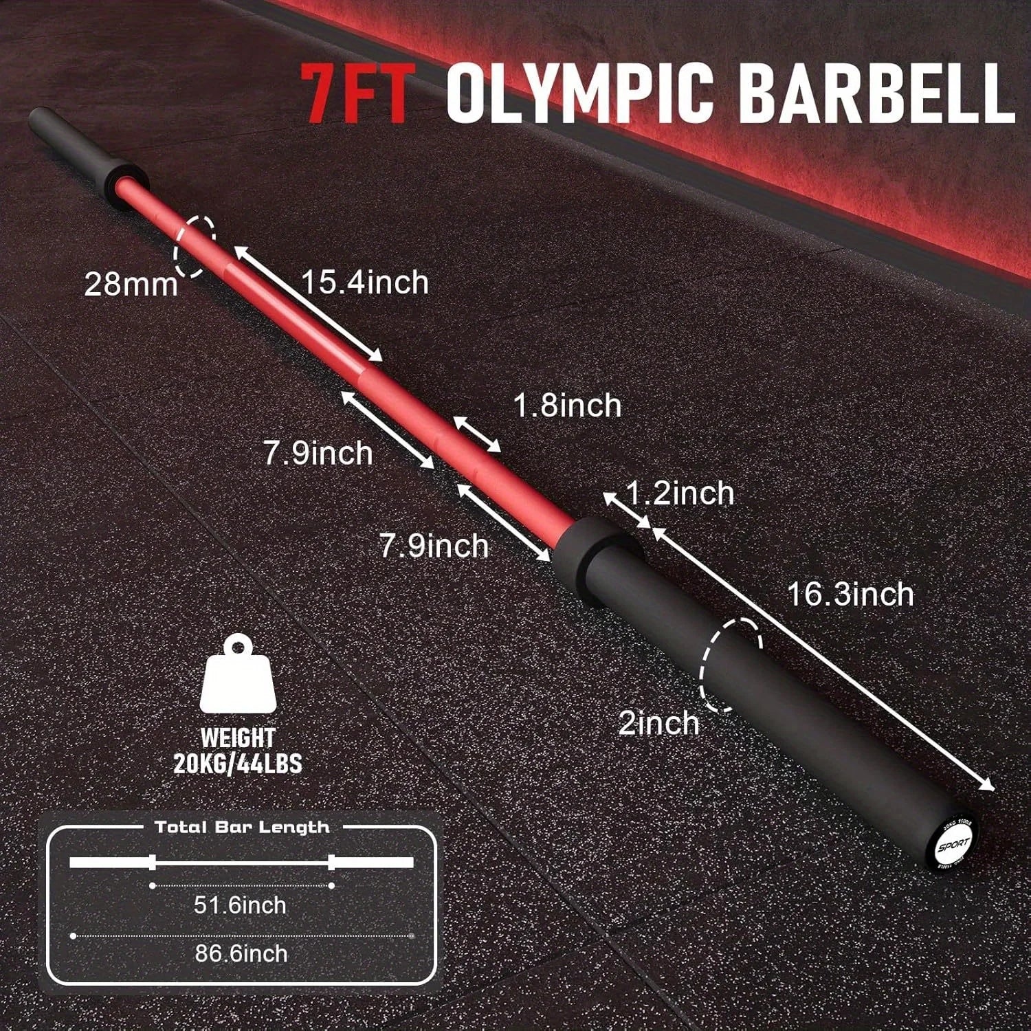 45 Lbs Barbell, 7 Ft Bar For Weightlifting And Power Lifting, 2 Inch Weight Bar For Squats, Deadlifts, Presses, Rows And Curls, 1500 Lbs Weight Capacity Barbell Bar, Red And Black