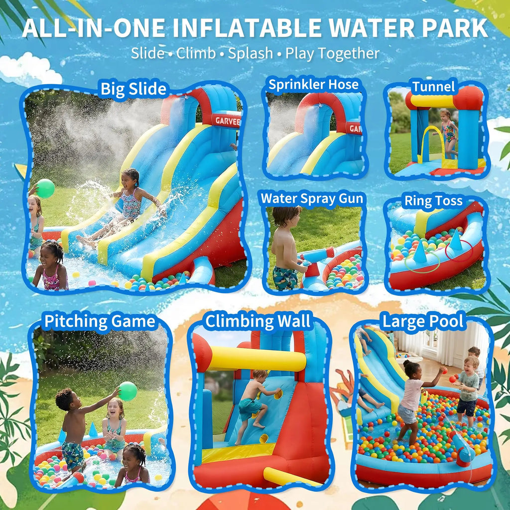8-in-1 Inflatable Water Park Kids Bounce House With Double Slides & Pool, 550W Blower, Oxford, Indoor Outdoor Set