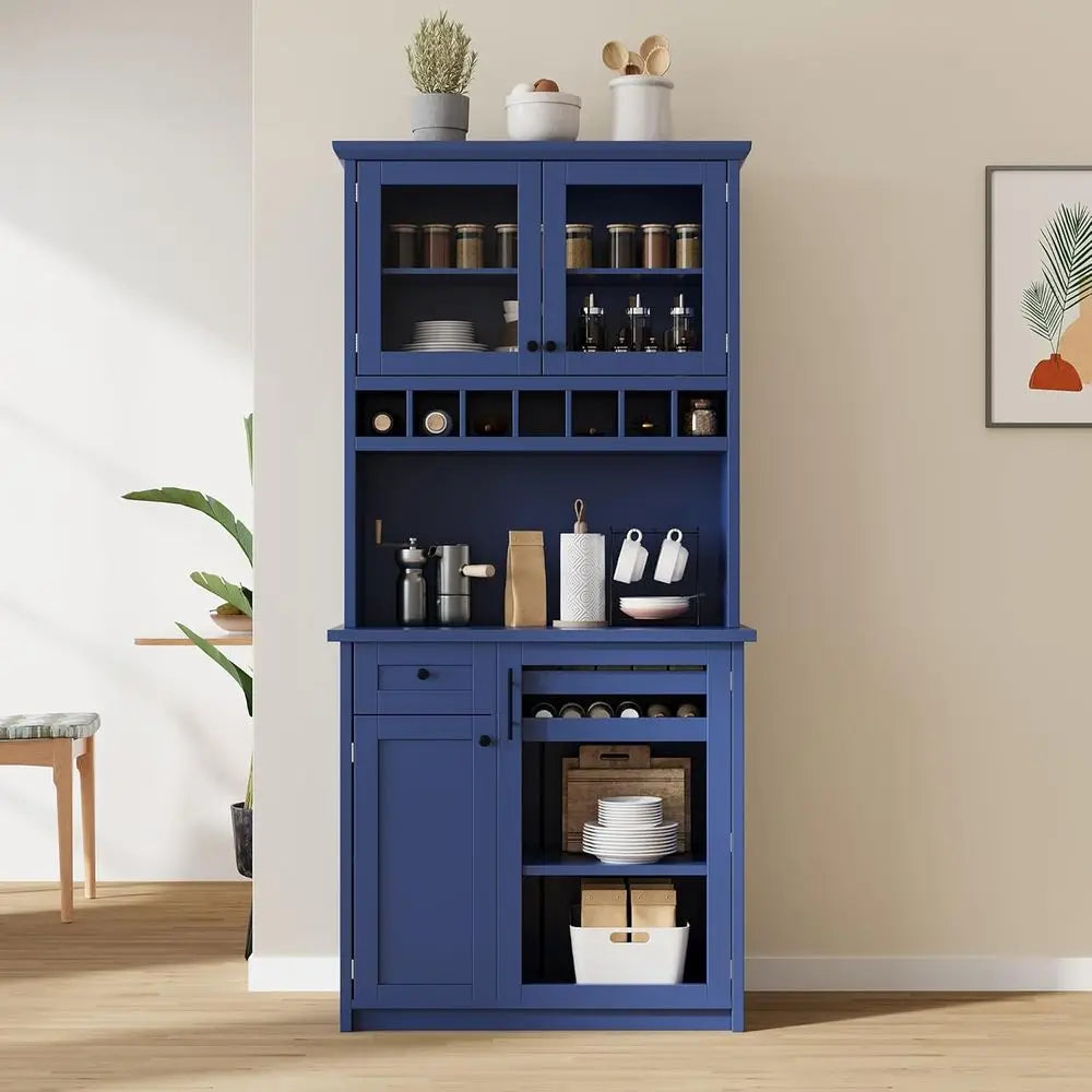 75 Tall Kitchen Pantry Cabinet with Hutch, Coffee Bar, Freestanding Buffet with Wine Rack & Adjustable Shelves (Blue + MDF + Tra