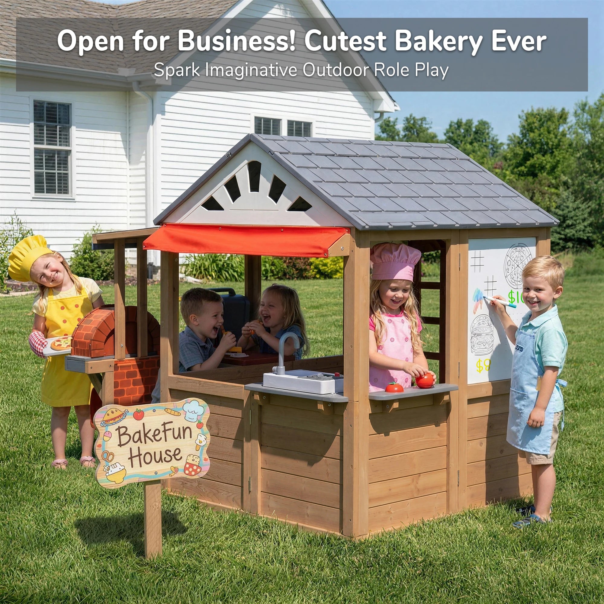 Kids Wooden Playhouse with BBQ Grill Pizza Oven, 2-in-1 Outdoor Indoor Pretend Play Cottage with Sink Whiteboard Doorbell Mailbox, Backyard Role Play Bakery House Toy for Toddlers Boys Girls