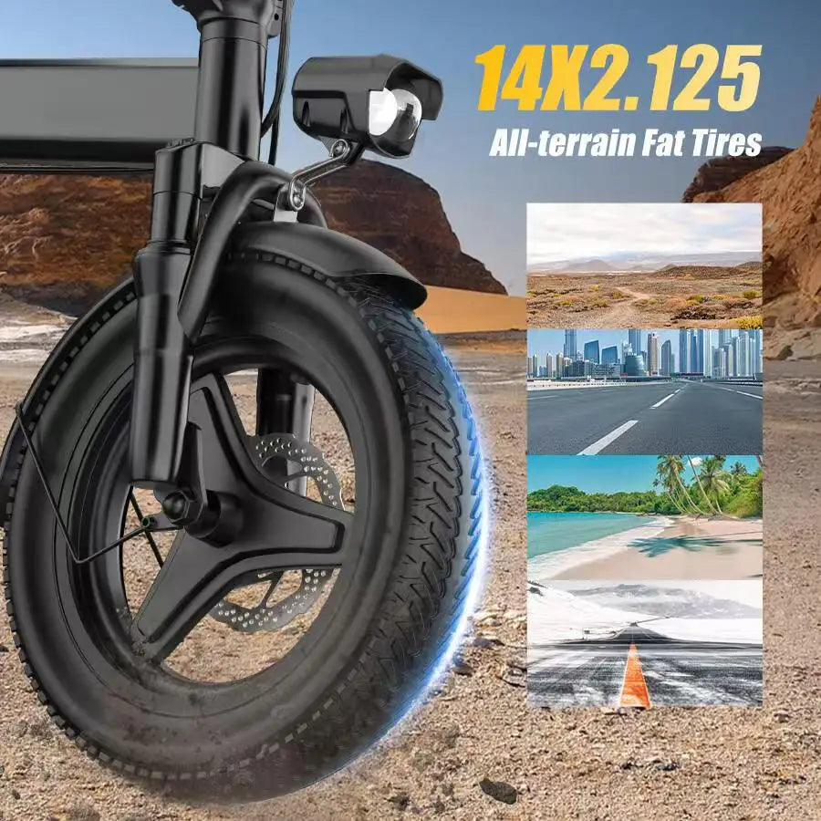 Foldable electric bicycle for adults, equipped with 14-inch tires, featuring 8 shock absorbers, a 500W motor power, a 48V 15Ah c
