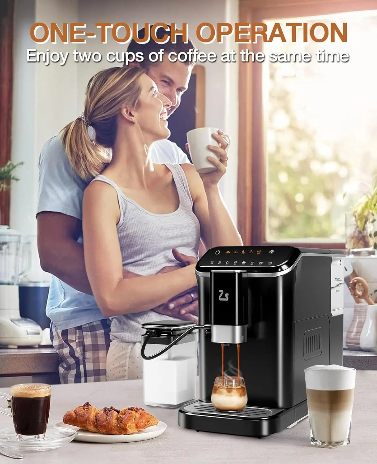 Fully Automatic Espresso Machine, Touchscreen Coffee Maker w/Built-in Grinder, Auto Milk Frother for Latte Cappuccino, 1.5L Water Tank & Dual Boiler Heating, Black/Silver 120V 1350W