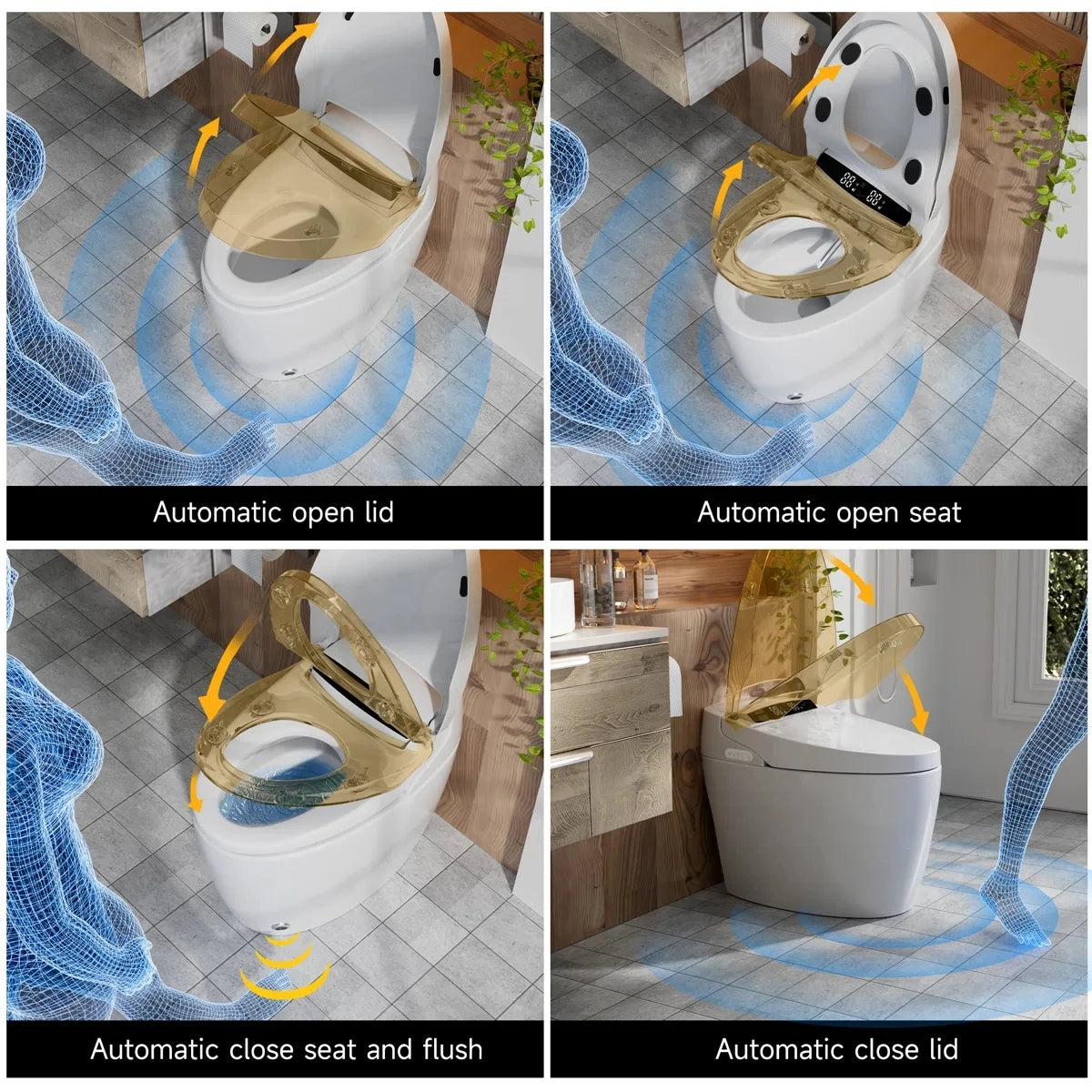 Smart Toilet with Tankless Bidet Wash, Auto Open Lid, 1.28 Gallons Auto Dual Flush, Heat Seat, Warm Wash/Dryer, Soft Closing