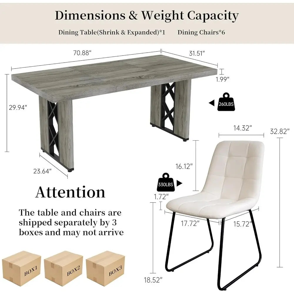 7-Piece Dining Set: 70.8 Grey Kitchen Table with 6 White Upholstered Chairs for Space-Saving Dining