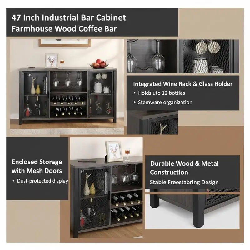 Industrial Drinks Credenza 47 Inch For Kitchen Home Bar Living Room, Sideboard Buffet Wine Rack Farmhouse Wood Furniture Storage Cabinet