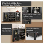 Industrial Drinks Credenza 47 Inch For Kitchen Home Bar Living Room, Sideboard Buffet Wine Rack Farmhouse Wood Furniture Storage Cabinet