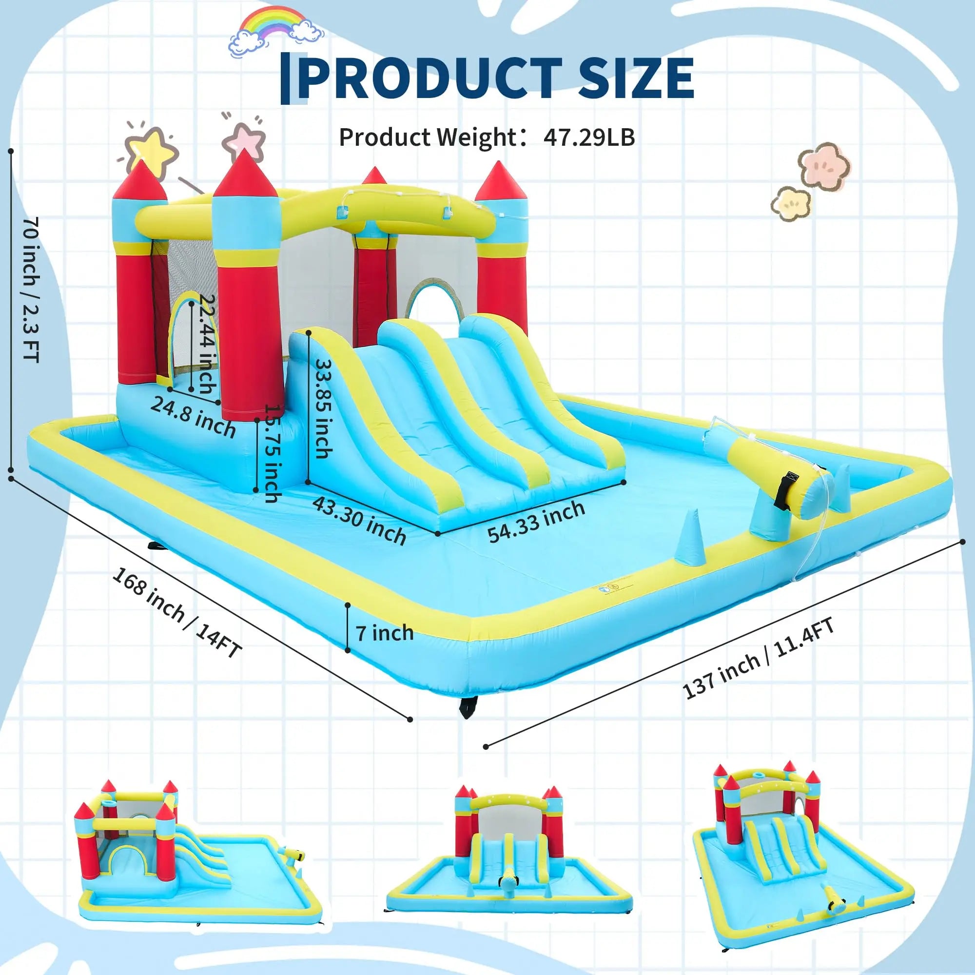 14FT Inflatable Bounce House Jump House For Kids With Slide, 350W Blower, 7-in-1 Indoor Outdoor Water Park Splash Pool