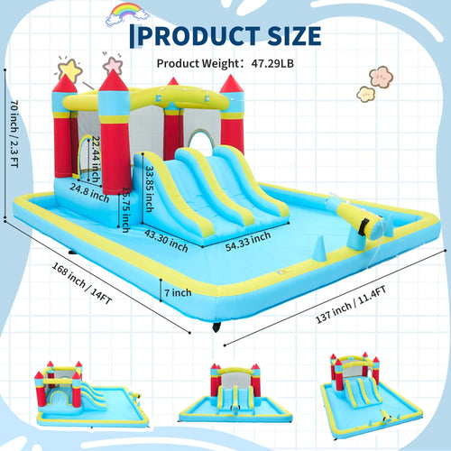 14FT Inflatable Bounce House Jump House For Kids With Slide, 350W Blower, 7-in-1 Indoor Outdoor Water Park Splash Pool