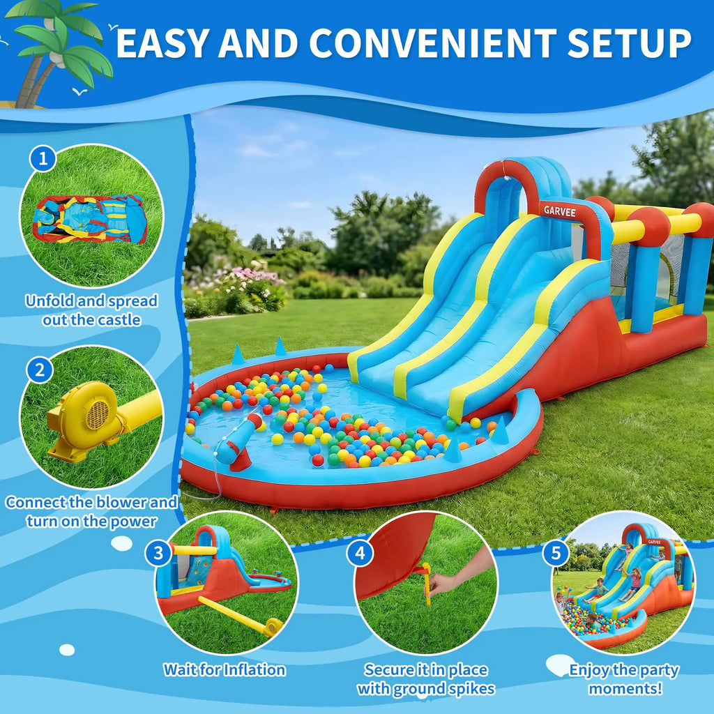 8-in-1 Inflatable Water Park Kids Bounce House With Double Slides & Pool, 550W Blower, Oxford, Indoor Outdoor Set