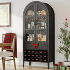 71 High Arched Wine Storage Cabinet with Bar and Shelves, Suitable for Home, Kitchen, Pantry, or Dining Area (Black)