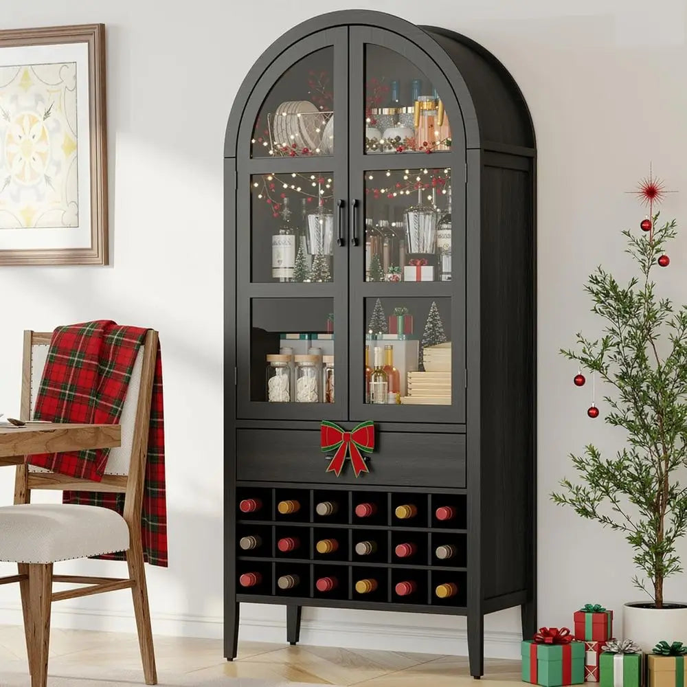 71 High Arched Wine Storage Cabinet with Bar and Shelves, Suitable for Home, Kitchen, Pantry, or Dining Area (Black)