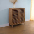 Walnut Mid-Century Bar Cabinet With Slatted Doors, Wine Rack And Dual Drawers For Home Storage