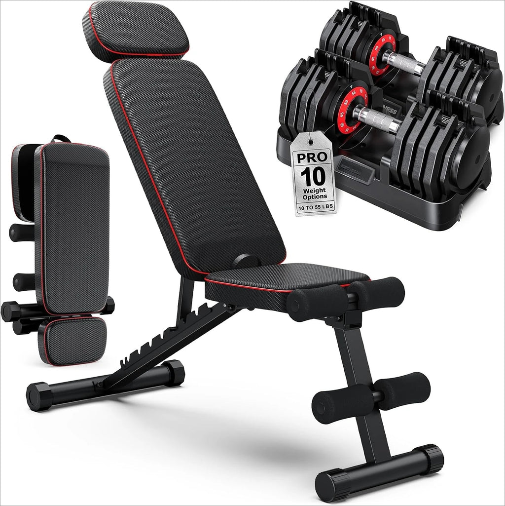 Adjustable Hand Dumbbells Pair with Workout Bench 10lb  Weight Set Portable Fitness Equipment for Home Gym Compact Design for Apartment Small Space Fit for Men and Women
