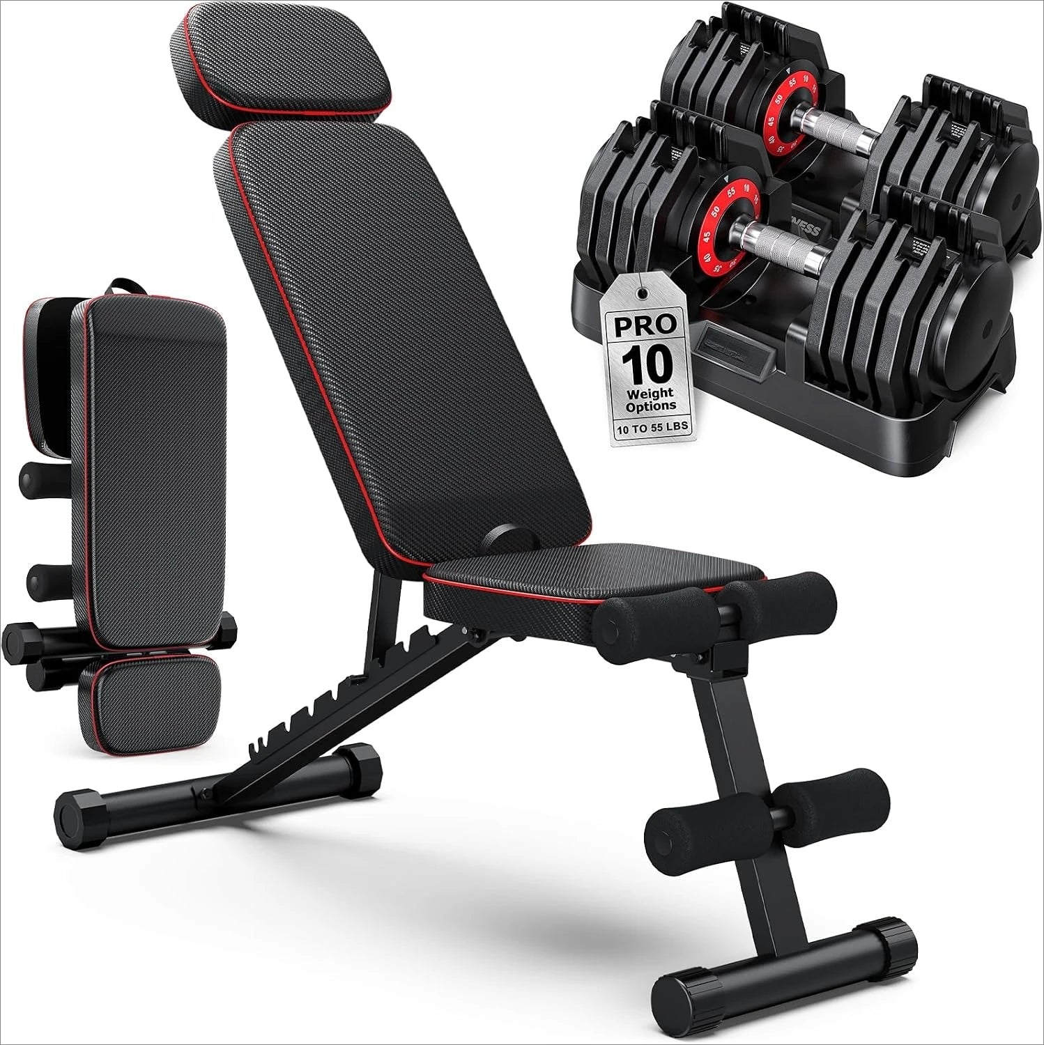 Adjustable Hand Dumbbells Pair with Workout Bench 10lb  Weight Set Portable Fitness Equipment for Home Gym Compact Design for Apartment Small Space Fit for Men and Women
