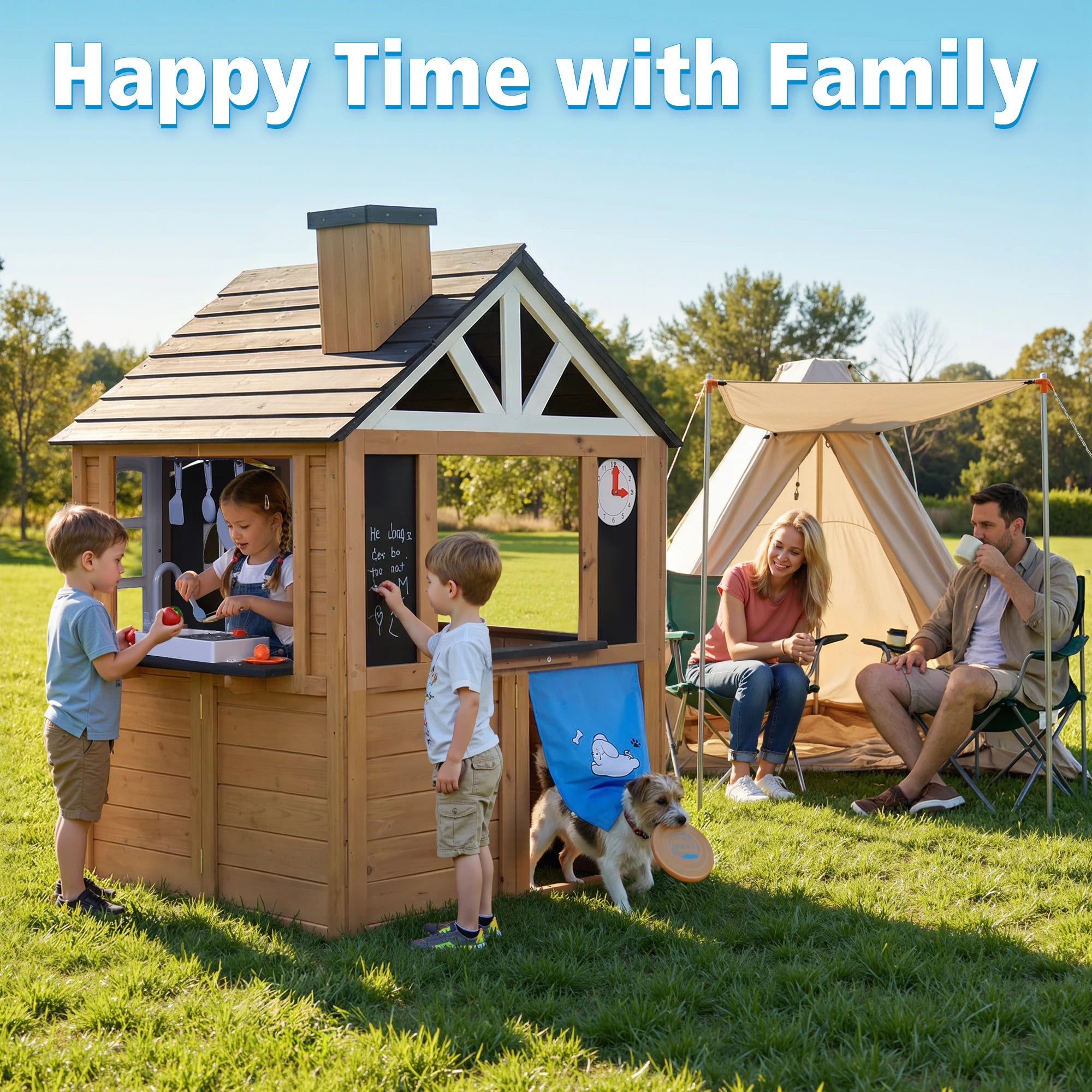 Kids Wooden Playhouse Outdoor Indoor Pretend Play Cottage with Kitchen Sink, Doorbell, Doodle Board, Clock, Flower Pot, Dog Hole Curtain, Kitchenware Accessories, Backyard Kids Role Play Game House Toy for Boys Girls
