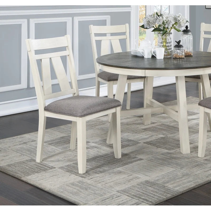 5pc Round Dining Set with Gray Fabric Cushion Chairs, White Wooden Table Top, Modern Minimalist Design