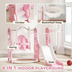 Toddler Slide and Swing Set for Ages 1.5-4, Rabbit-Themed Playset with Climber, Basket Hoop, Suitable for Indoor or Outdoor Use,